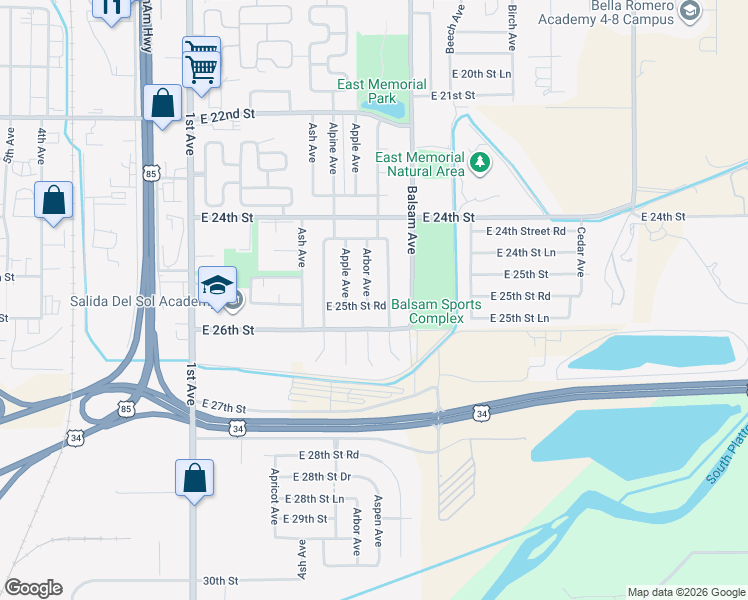map of restaurants, bars, coffee shops, grocery stores, and more near 2452 Arbor Avenue in Greeley