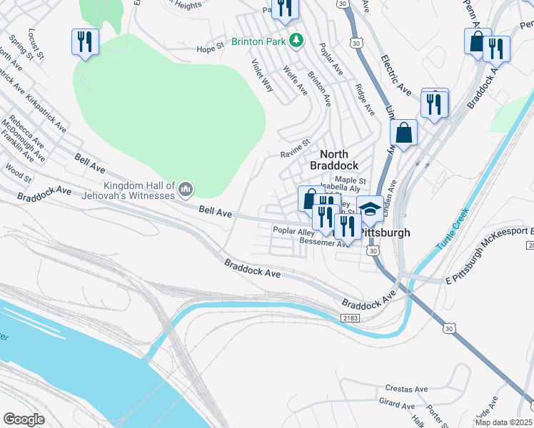 map of restaurants, bars, coffee shops, grocery stores, and more near 109 Center Street in East Pittsburgh