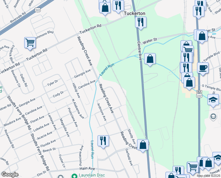 map of restaurants, bars, coffee shops, grocery stores, and more near 3630 Willingham Avenue in Reading