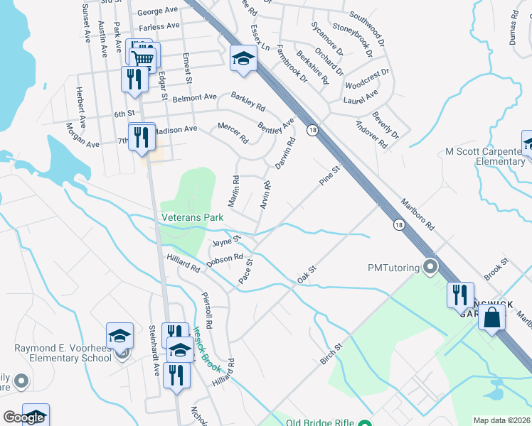 map of restaurants, bars, coffee shops, grocery stores, and more near 25 Arvin Road in Old Bridge