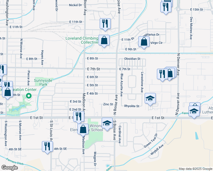 map of restaurants, bars, coffee shops, grocery stores, and more near 1492 East 5th Street in Loveland
