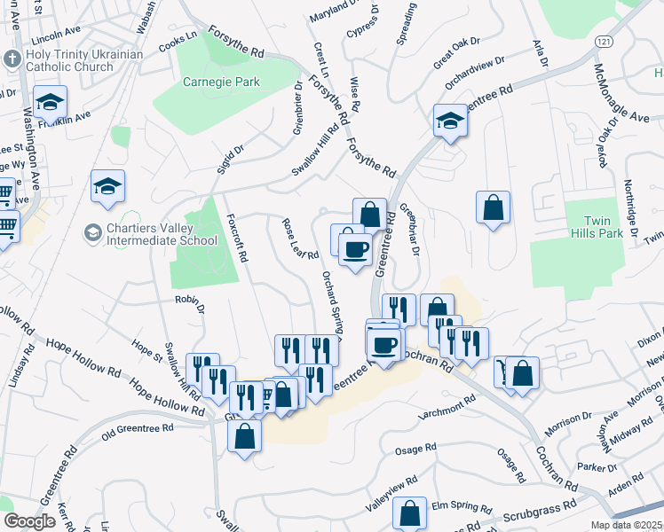 map of restaurants, bars, coffee shops, grocery stores, and more near 213 Orchard Spring Road in Pittsburgh
