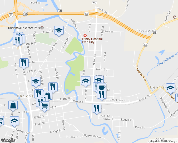 map of restaurants, bars, coffee shops, grocery stores, and more near 410 N 1st St in Dennison
