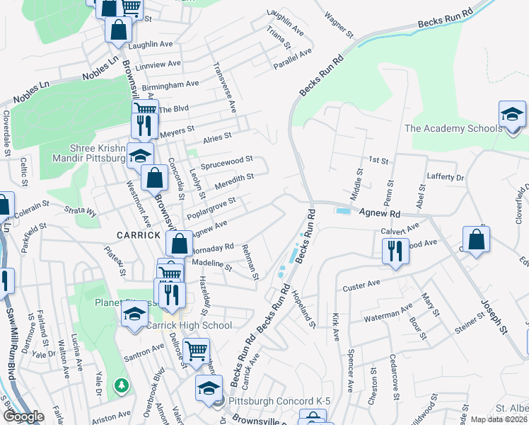 map of restaurants, bars, coffee shops, grocery stores, and more near 320 East Agnew Avenue in Pittsburgh
