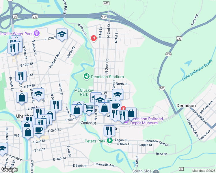map of restaurants, bars, coffee shops, grocery stores, and more near 412 N 2nd St in Dennison