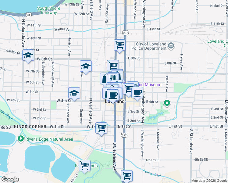 map of restaurants, bars, coffee shops, grocery stores, and more near 175 East 5th Street in Loveland