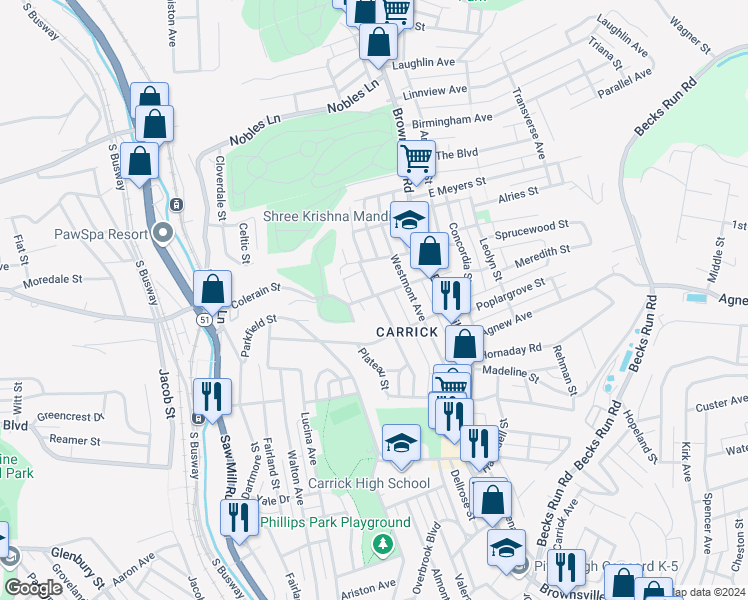 map of restaurants, bars, coffee shops, grocery stores, and more near 1802 Mount Joseph Street in Pittsburgh