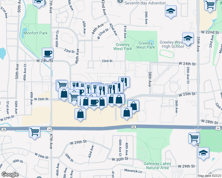 map of restaurants, bars, coffee shops, grocery stores, and more near 2450 44th Avenue in Greeley