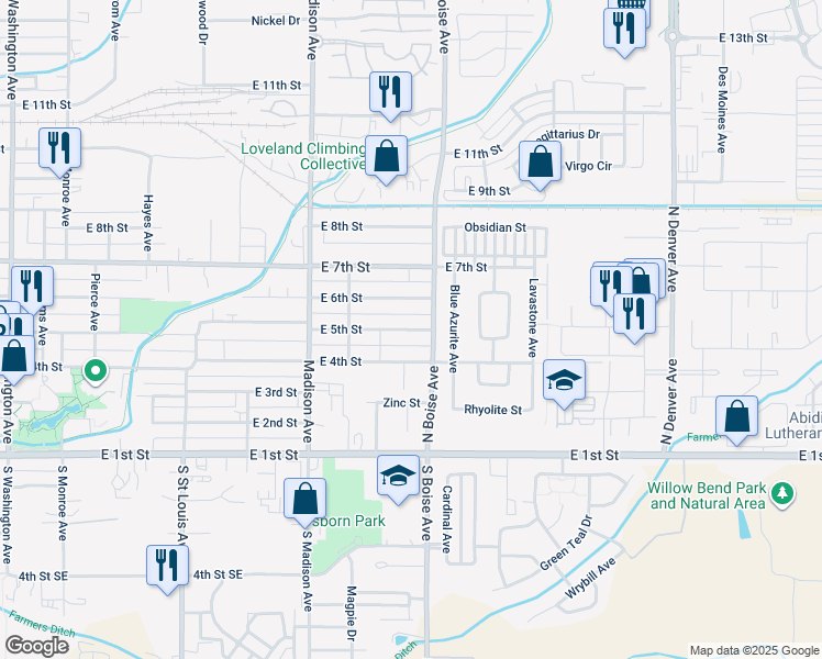 map of restaurants, bars, coffee shops, grocery stores, and more near 1492 East 5th Street in Loveland
