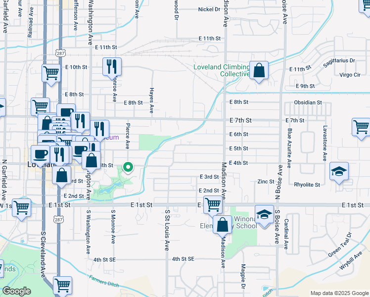 map of restaurants, bars, coffee shops, grocery stores, and more near 1088 East 5th Street in Loveland