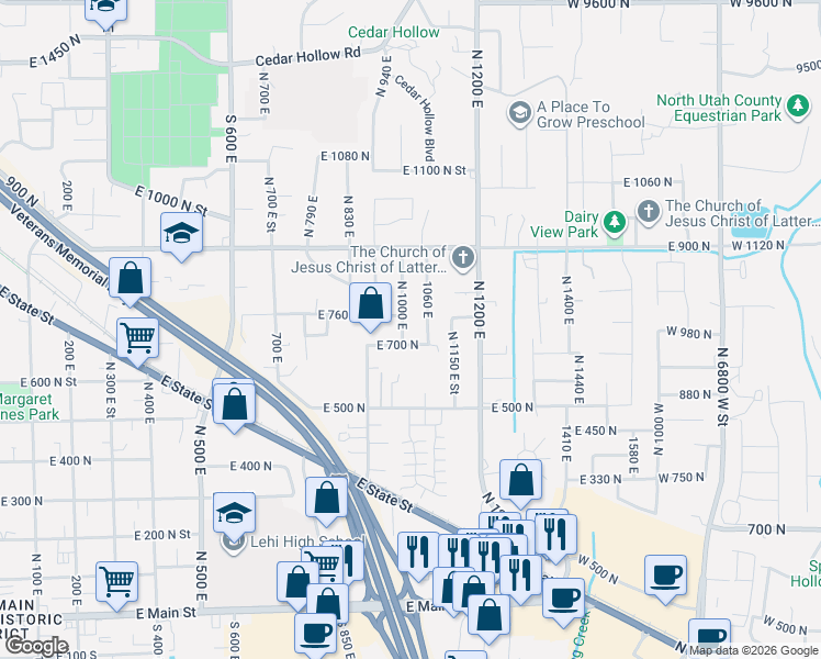 map of restaurants, bars, coffee shops, grocery stores, and more near 725 1060 East in Lehi