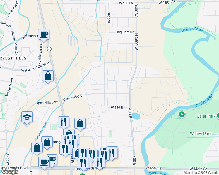 map of restaurants, bars, coffee shops, grocery stores, and more near 8895 400 East in Lehi
