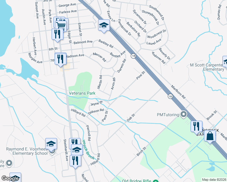 map of restaurants, bars, coffee shops, grocery stores, and more near 25 Arvin Road in Old Bridge