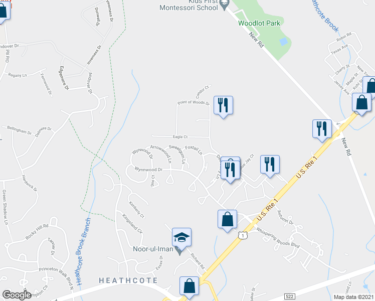 map of restaurants, bars, coffee shops, grocery stores, and more near 17 Sweetgum Lane in South Brunswick Township