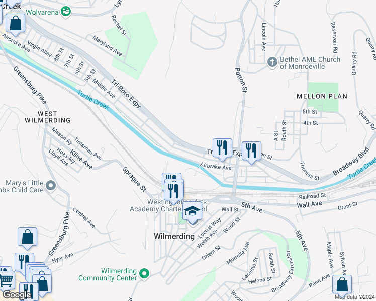 map of restaurants, bars, coffee shops, grocery stores, and more near 534 Middle Avenue in Wilmerding