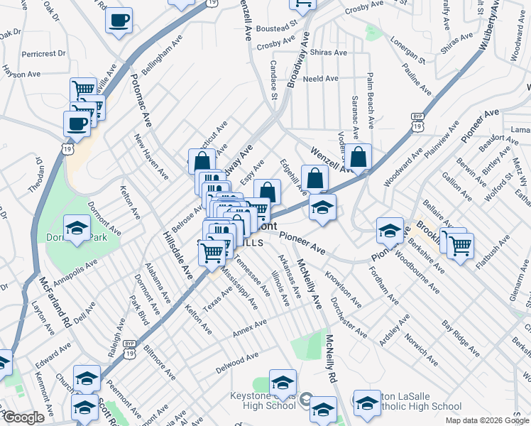 map of restaurants, bars, coffee shops, grocery stores, and more near in Dormont