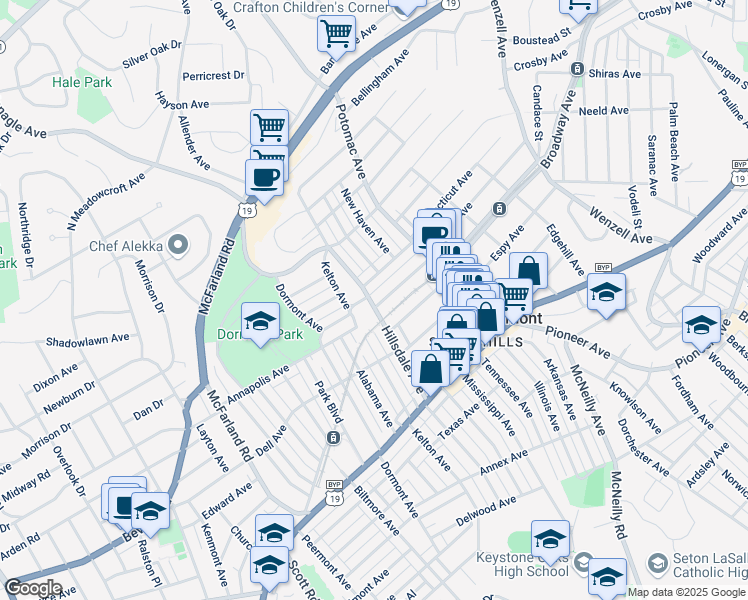 map of restaurants, bars, coffee shops, grocery stores, and more near in Dormont