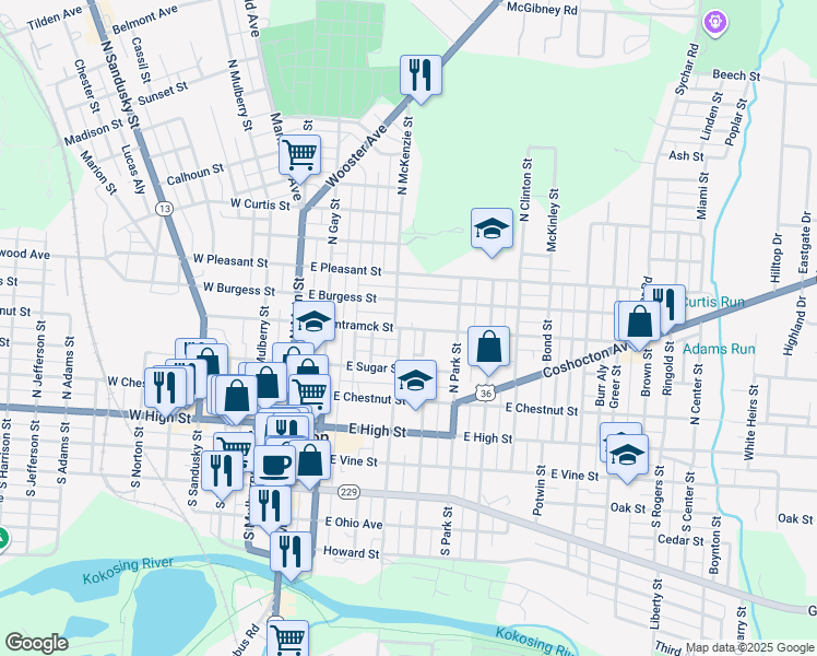 map of restaurants, bars, coffee shops, grocery stores, and more near 203 1/2 East Hamtramck Street in Mount Vernon