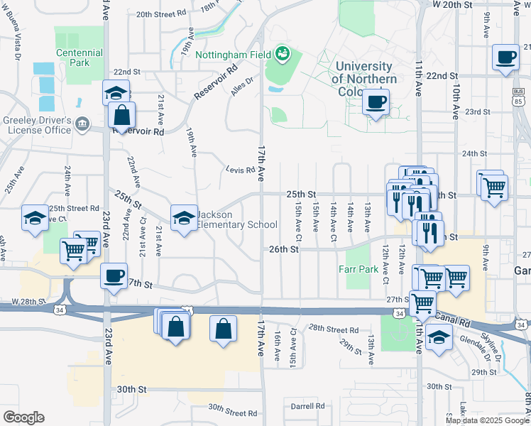 map of restaurants, bars, coffee shops, grocery stores, and more near 2520 17th Avenue in Greeley