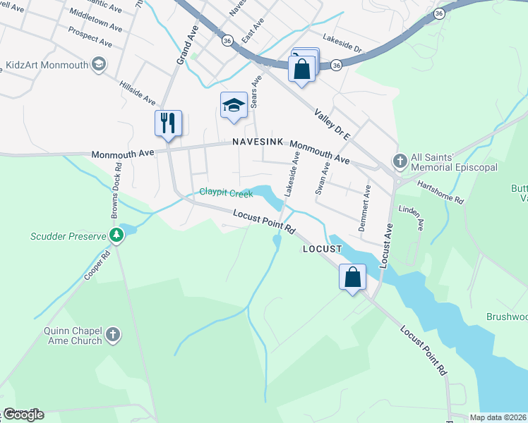 map of restaurants, bars, coffee shops, grocery stores, and more near 613 Locust Point Road in Rumson