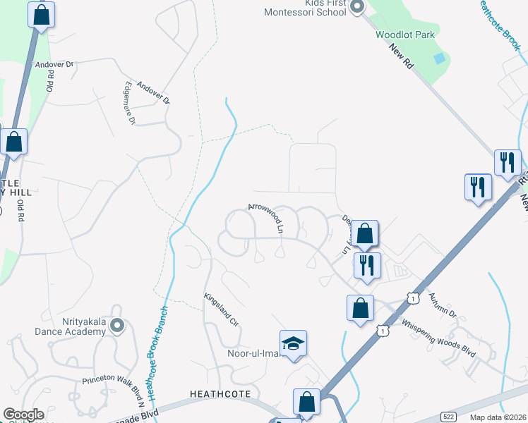 map of restaurants, bars, coffee shops, grocery stores, and more near 48 Arrowwood Lane in South Brunswick Township