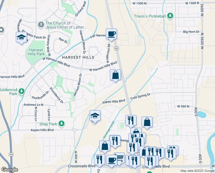 map of restaurants, bars, coffee shops, grocery stores, and more near West Ridge Road in Lehi