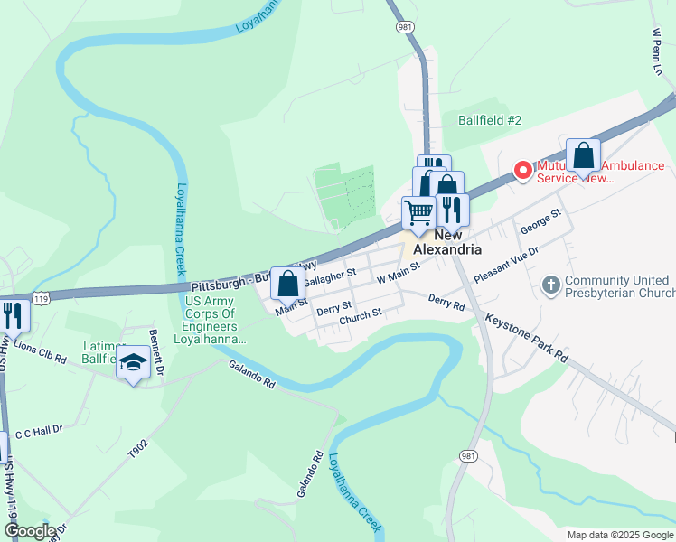 map of restaurants, bars, coffee shops, grocery stores, and more near 104 Washington Street in New Alexandria