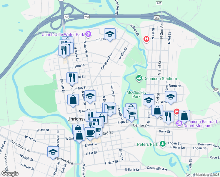 map of restaurants, bars, coffee shops, grocery stores, and more near 724 Gorley Street in Uhrichsville