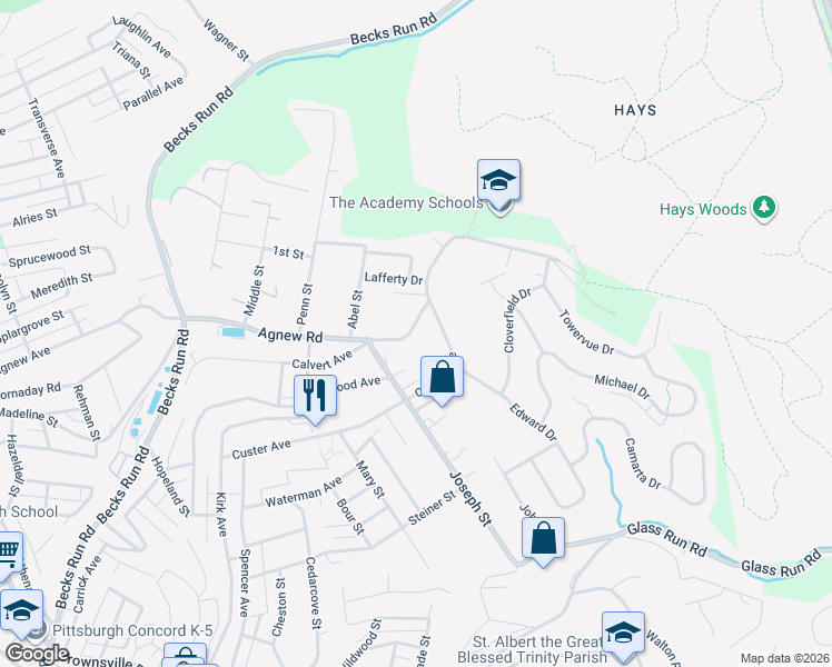 map of restaurants, bars, coffee shops, grocery stores, and more near 738 Agnew Road in Pittsburgh