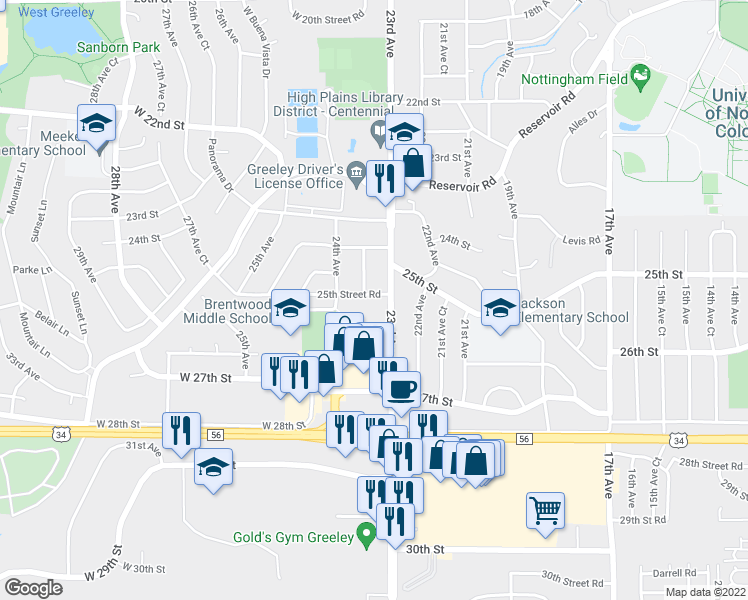 map of restaurants, bars, coffee shops, grocery stores, and more near 2310 25th Street Road in Greeley