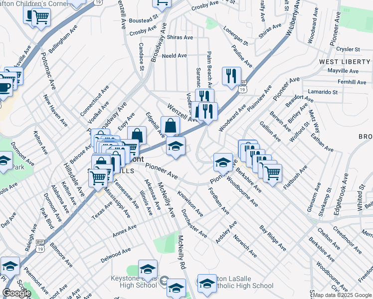 map of restaurants, bars, coffee shops, grocery stores, and more near 2665 Amman Street in Pittsburgh
