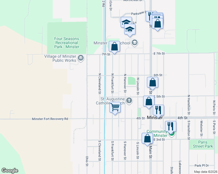 map of restaurants, bars, coffee shops, grocery stores, and more near 147 North Frankfort Street in Minster