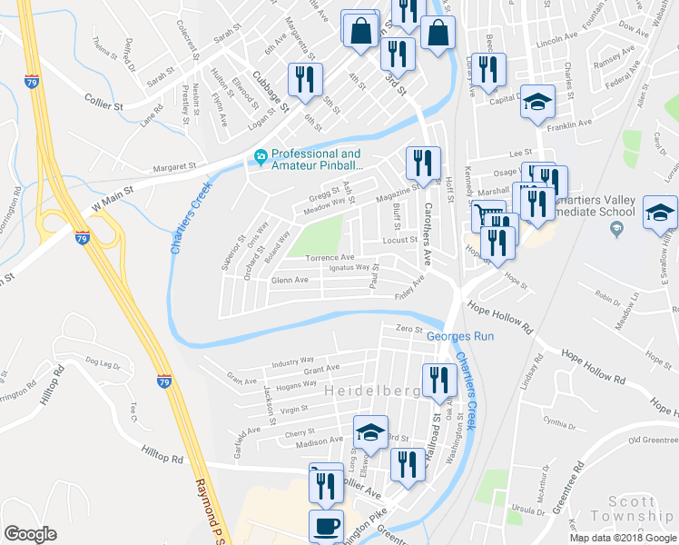 map of restaurants, bars, coffee shops, grocery stores, and more near 334 Glenn Avenue in Carnegie