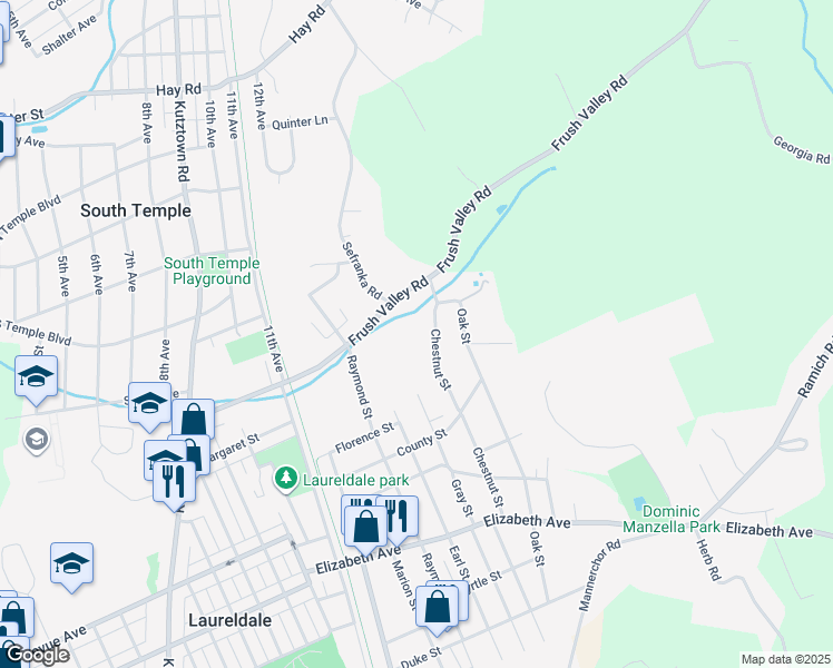 map of restaurants, bars, coffee shops, grocery stores, and more near 3626 Chestnut Street in Laureldale