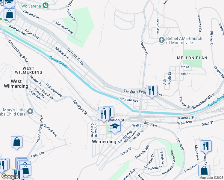map of restaurants, bars, coffee shops, grocery stores, and more near 534 Middle Avenue in Wilmerding