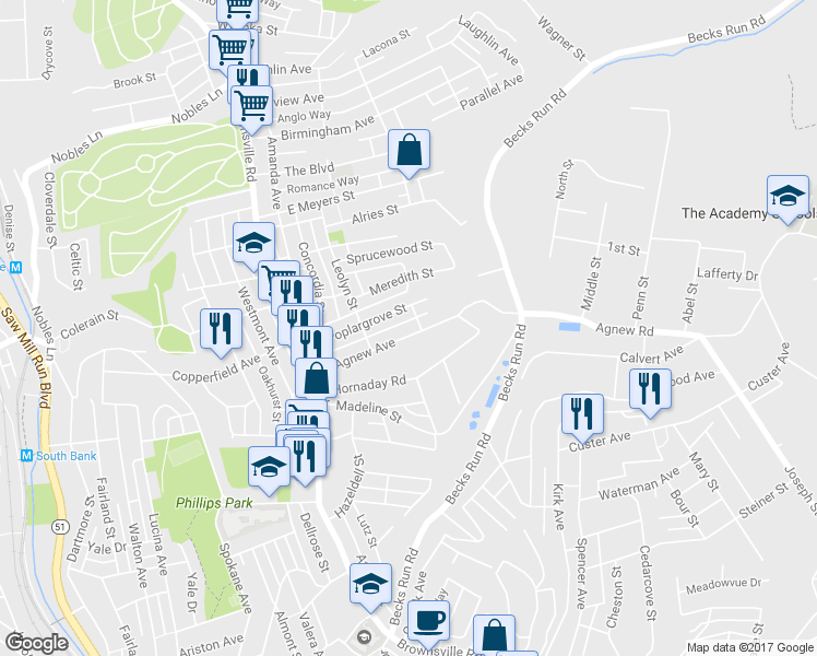 map of restaurants, bars, coffee shops, grocery stores, and more near 237 East Agnew Avenue in Pittsburgh