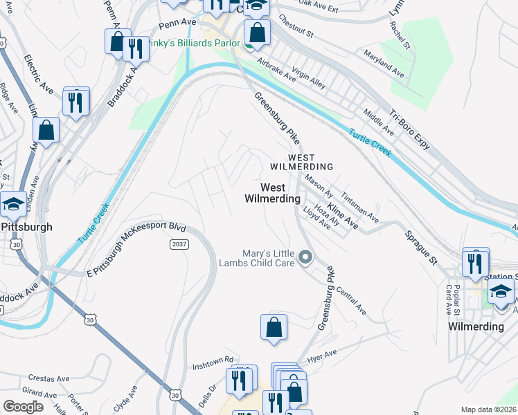 map of restaurants, bars, coffee shops, grocery stores, and more near 175 Central Ave in North Versailles