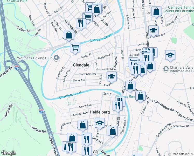 map of restaurants, bars, coffee shops, grocery stores, and more near 302 Glenn Avenue in Carnegie