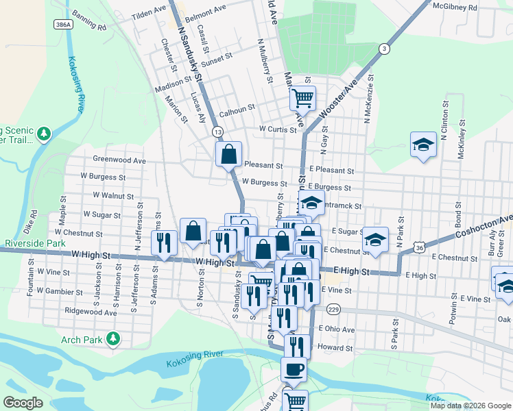 map of restaurants, bars, coffee shops, grocery stores, and more near 114 West Hamtramck Street in Mount Vernon