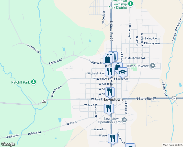 map of restaurants, bars, coffee shops, grocery stores, and more near 500 West Lincoln Avenue in Lewistown