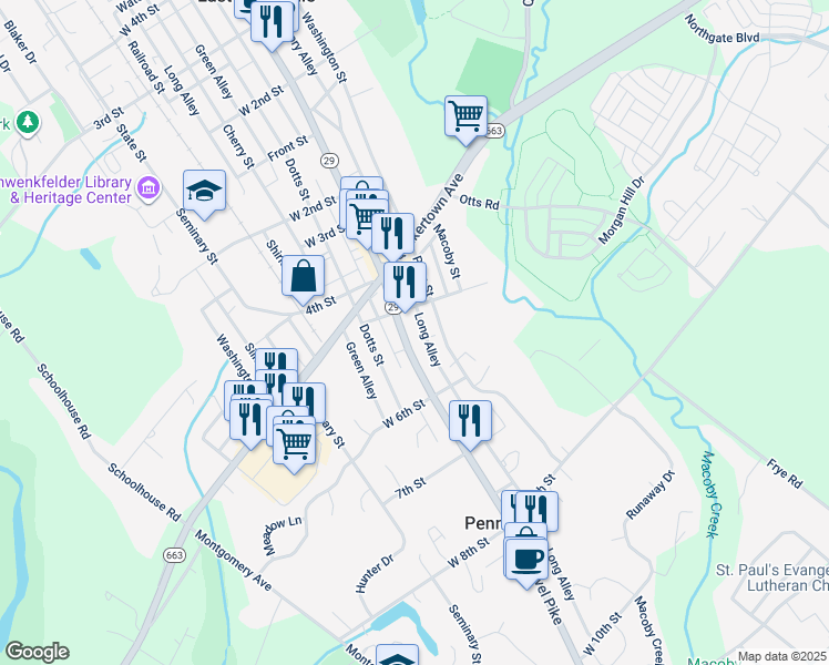 map of restaurants, bars, coffee shops, grocery stores, and more near 526 Main Street in Pennsburg