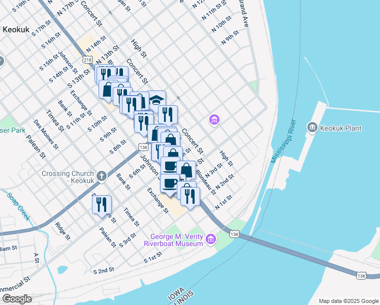 map of restaurants, bars, coffee shops, grocery stores, and more near 111 North 5th Street in Keokuk