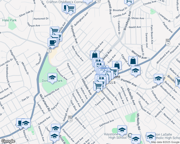 map of restaurants, bars, coffee shops, grocery stores, and more near 2936 Belrose Avenue in Pittsburgh