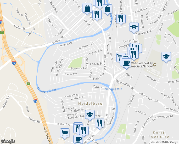 map of restaurants, bars, coffee shops, grocery stores, and more near 302 Glenn Ave in Carnegie