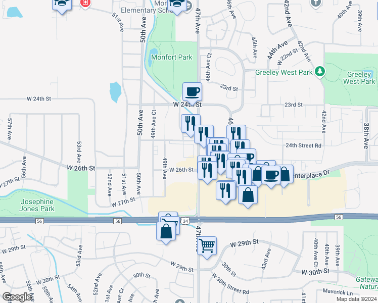 map of restaurants, bars, coffee shops, grocery stores, and more near 4750 West 25th Street in Greeley