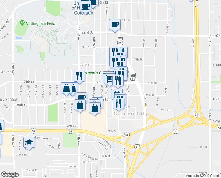 map of restaurants, bars, coffee shops, grocery stores, and more near 816 25th Street in Greeley