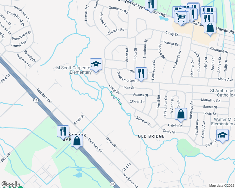 map of restaurants, bars, coffee shops, grocery stores, and more near 243 Cindy Street in Old Bridge