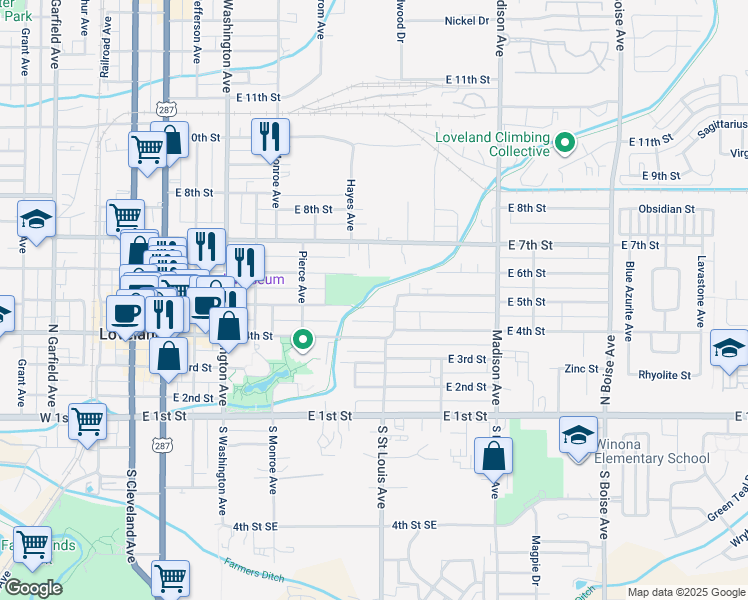 map of restaurants, bars, coffee shops, grocery stores, and more near 1033 East 5th Street in Loveland