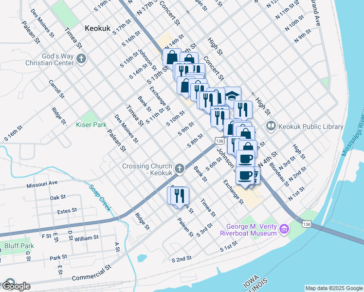 map of restaurants, bars, coffee shops, grocery stores, and more near 807 Bank Street in Keokuk