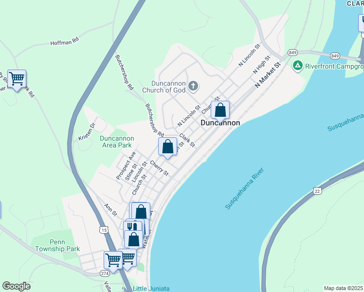 map of restaurants, bars, coffee shops, grocery stores, and more near 520 North High Street in Duncannon